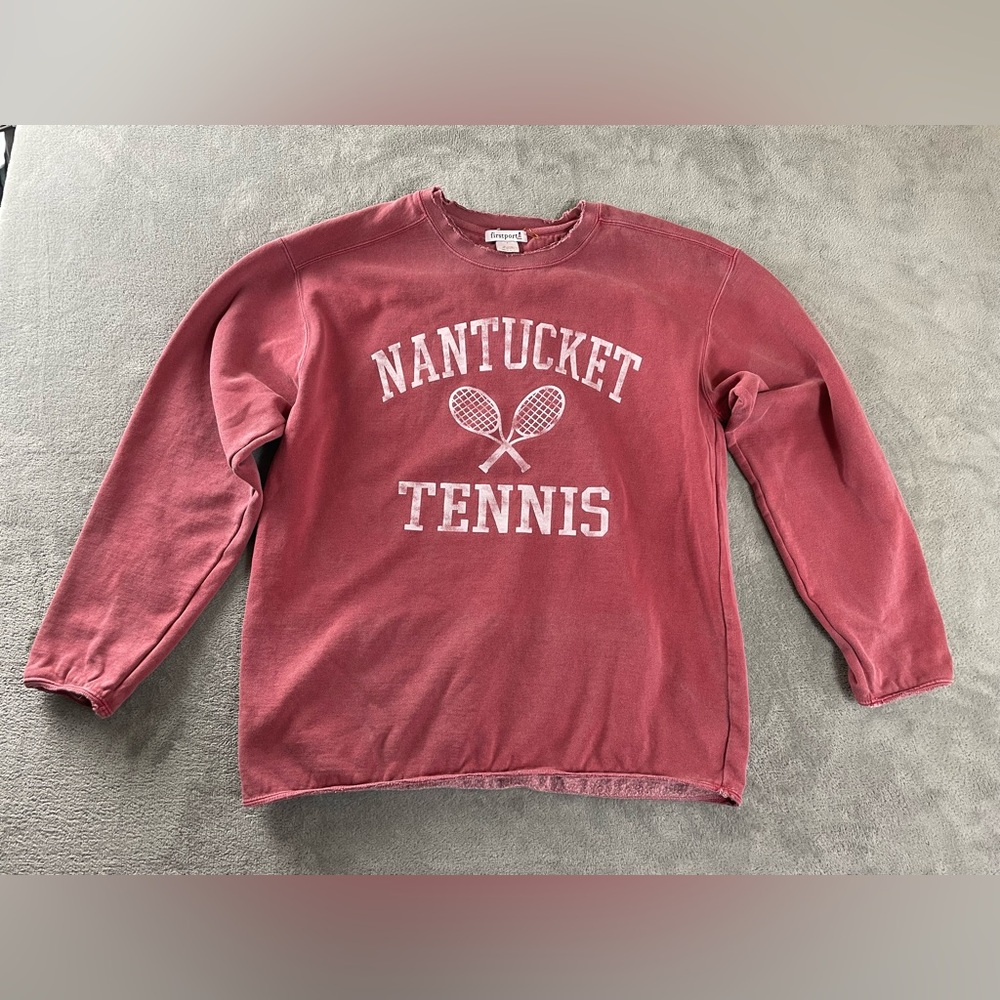 Firstport Nantucket Tennis Sweatshirt Dark Pink Salmon Small Distressed Fade